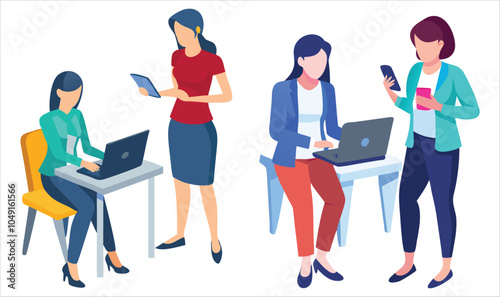 Illustration of a diverse group working together in a modern office setting, surrounded by plants and laptops