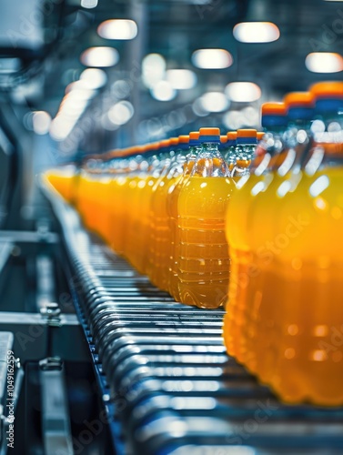 Conveyor belt is filled with orange juice bottles. The bottles are lined up in a row, and they are all the same color. The conveyor belt is moving