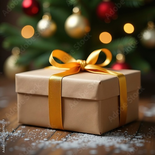 Gift box, stands against the background of a blurred Christmas tree.