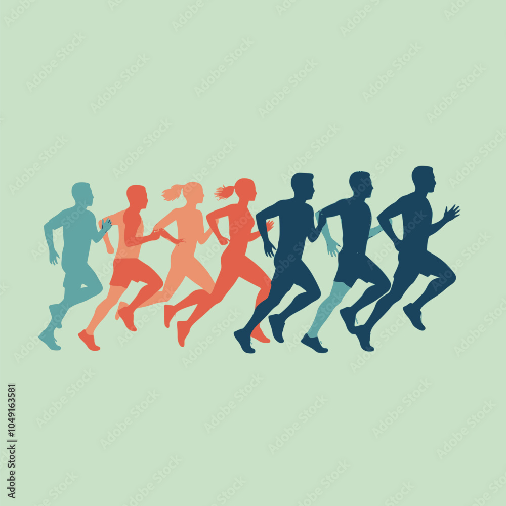 Marathon run. Group of running people, men and women. Colored vector silhouettes Marathon run. Group of running people, men and women. Colored vector silhouettes