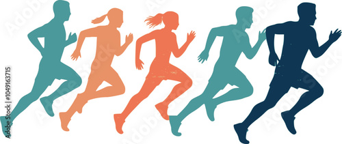 Marathon run. Group of running people, men and women. Colored vector silhouettes