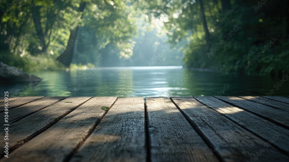 Wooden bridge over a river with trees in the background. The water is calm and the sun is shining on the bridge Wooden bridge over a river with trees in the background. The water is calm and the sun is shining on the bridge