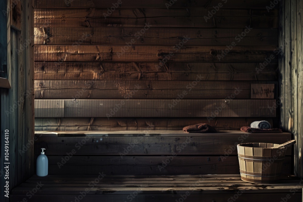 Wooden bench with a basket and a bottle on it. The bench is empty Wooden bench with a basket and a bottle on it. The bench is empty