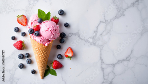 Delicious ice cream with berries and stevia in a waffle cone, decorated with fresh fruits and mint