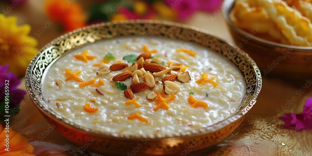 Bowl of food with almonds and other nuts on top. The bowl is gold and has a floral design Bowl of food with almonds and other nuts on top. The bowl is gold and has a floral design