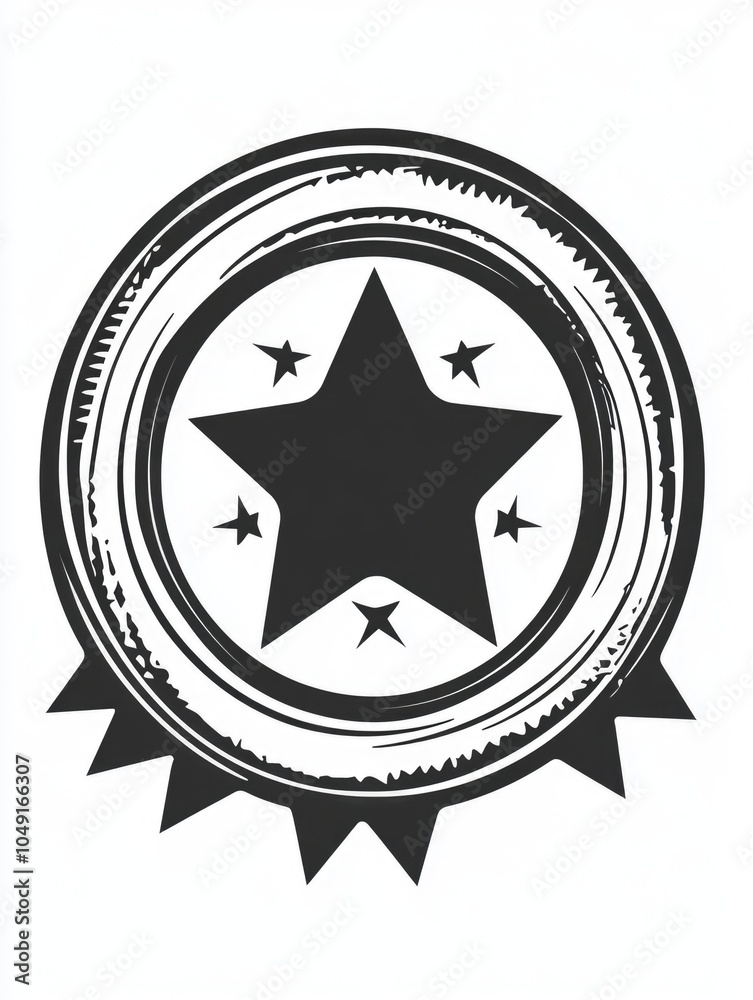 Black and white star with a circle around it. The circle is a ribbon and the star is surrounded by five other stars Black and white star with a circle around it. The circle is a ribbon and the star is surrounded by five other stars