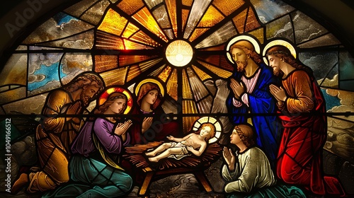 Stained glass window depicting nativity scene baby Jesus in manger surrounded by holy figures bright star, traditional religious church artwork