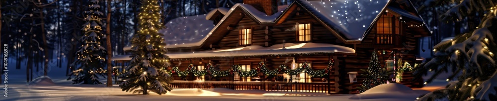 Cozy winter log cabin panorama in snowy forest lights decorations wreaths and glowing windows at dusk, Christmas trees covered in fresh snow, holiday banner Cozy winter log cabin panorama in snowy forest lights decorations wreaths and glowing windows at dusk, Christmas trees covered in fresh snow, holiday banner