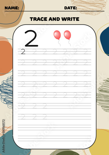 Trace and write practice math number 2 two for kids 