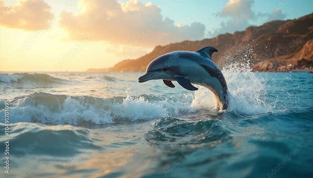 Fototapeta premium Dolphin Leaping from the Ocean at Sunset with Coastal Background