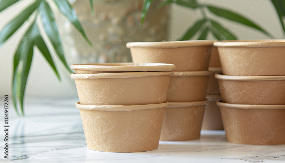 A row of eco-friendly brown paper food containers stacked on a marble surface with a green leaf in the background. A takeout container made with sustainable biodegradable material. A row of eco-friendly brown paper food containers stacked on a marble surface with a green leaf in the background. A takeout container made with sustainable biodegradable material.