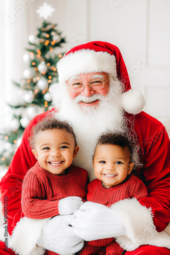 Santa Claus and two children , characterized by his traditional red and white suit, a black belt, and a large white beard. He is smiling