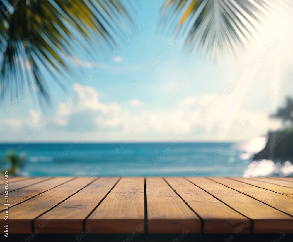 Fototapeta premium Wooden Tabletop with Blurred Tropical Beach Background