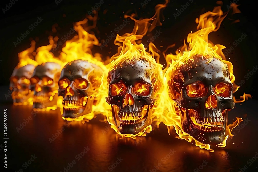 row of skulls on fire with a black background