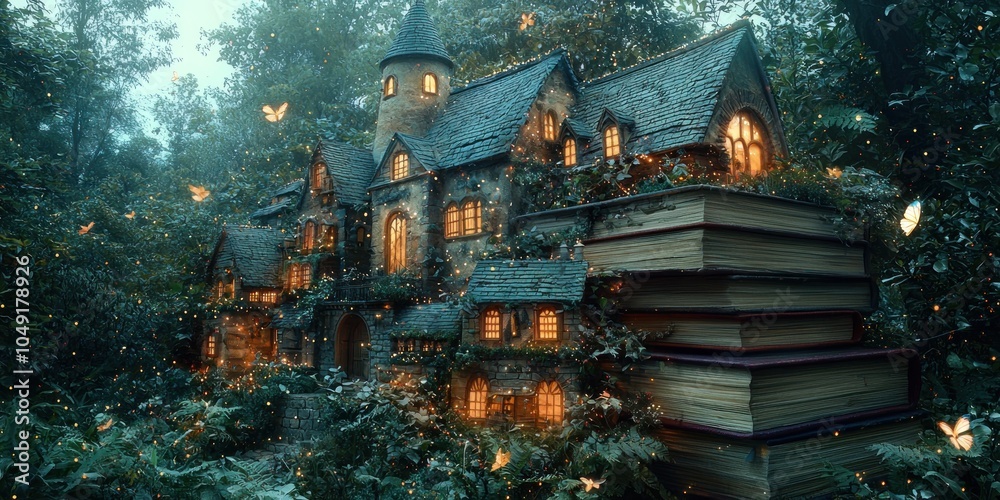 Obraz premium Enchanting Cottage Nestled in a Magical Forest with Glowing Lights and Butterflies