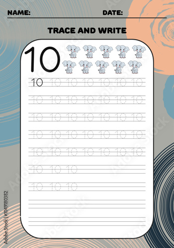 Trace and write practice math number 10 ten for kids 