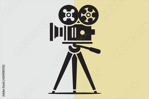 A silhouette of a vintage film camera on a tripod.