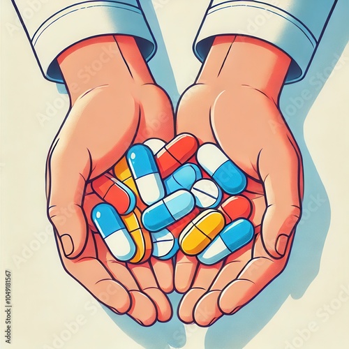 Hands Holding Colorful Pills – Healthcare and Medicine Concept Illustration photo