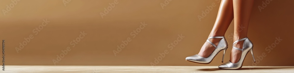 Stylish silver high heels on long female legs standing on tiptoe against a brown background, with space for text or design, creating an elegant and fashionable scene, banner Stylish silver high heels on long female legs standing on tiptoe against a brown background, with space for text or design, creating an elegant and fashionable scene, banner