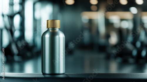 A stylish silver bottle with a gold cap is set against an urban gym backdrop, highlighting luxury, fitness, and modern design trends, exuding sophistication. photo