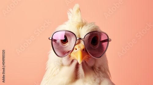 Chicken wearing sunglasses isolated on solid color background, copy space for text.