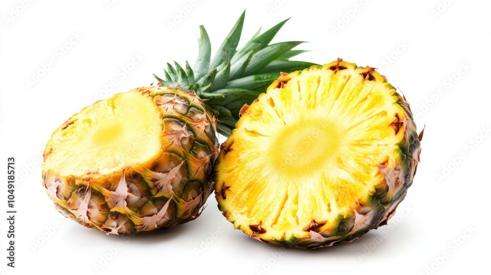 Freshly Cut Pineapple with Green Top on White Background Freshly Cut Pineapple with Green Top on White Background