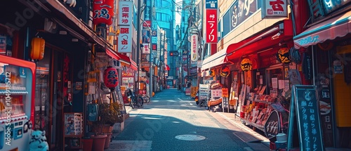 Portrait of an alley in an urban district of Japan with a wet street after rain.