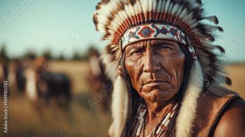 Portrait of an elder chieftain exuding deep wisdom through expressive eyes, adorned with a meticulously detailed headdress and cultural attire. photo
