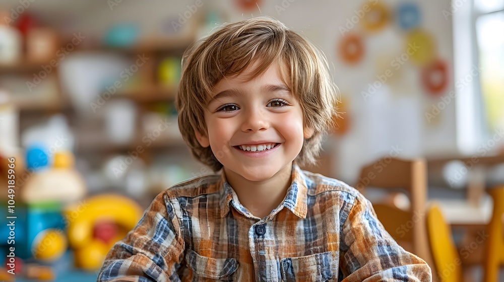 Happy young boy smiling in a bright classroom setting Happy young boy smiling in a bright classroom setting