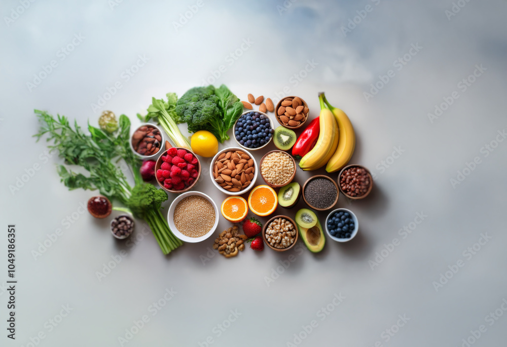 An assortment of fresh, vibrant fruits, vegetables, and nuts are arranged in a visually appealing pattern, showcasing a colorful and nutritious spread. An assortment of fresh, vibrant fruits, vegetables, and nuts are arranged in a visually appealing pattern, showcasing a colorful and nutritious spread.