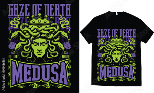 mythological character Medusa Gorgon dark illustration snakes hair woman face t-shirt text background
