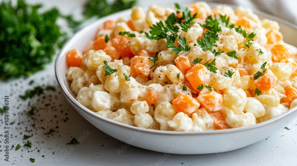 A close-up view of a bowl filled with traditional Russian Olivier salad, featuring diced vegetables and creamy dressing, garnished with fresh parsley A close-up view of a bowl filled with traditional Russian Olivier salad, featuring diced vegetables and creamy dressing, garnished with fresh parsley