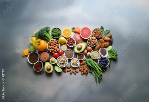 A variety of healthy foods including fruits, vegetables, nuts, and seeds arranged on a grey background.