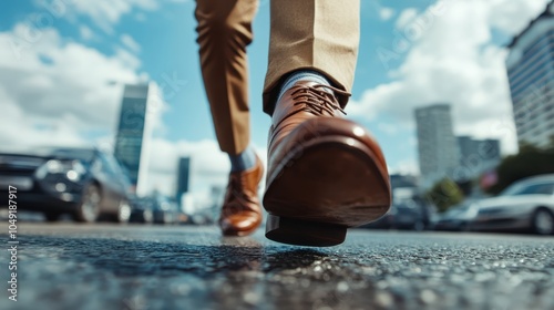 Close-up of a person's shoe stepping forward on a wet city street, with modern skyscrapers and cars blurred in the background capturing urban movement. photo