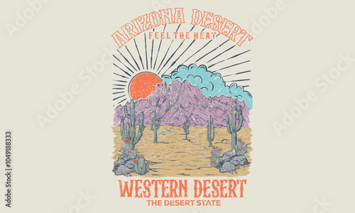 Arizona vintage print design for t shirt. Western desert vibes artwork design for sticker, poster, background, fashion and others. Cactus tree with flower vector design. Desert adventure art.