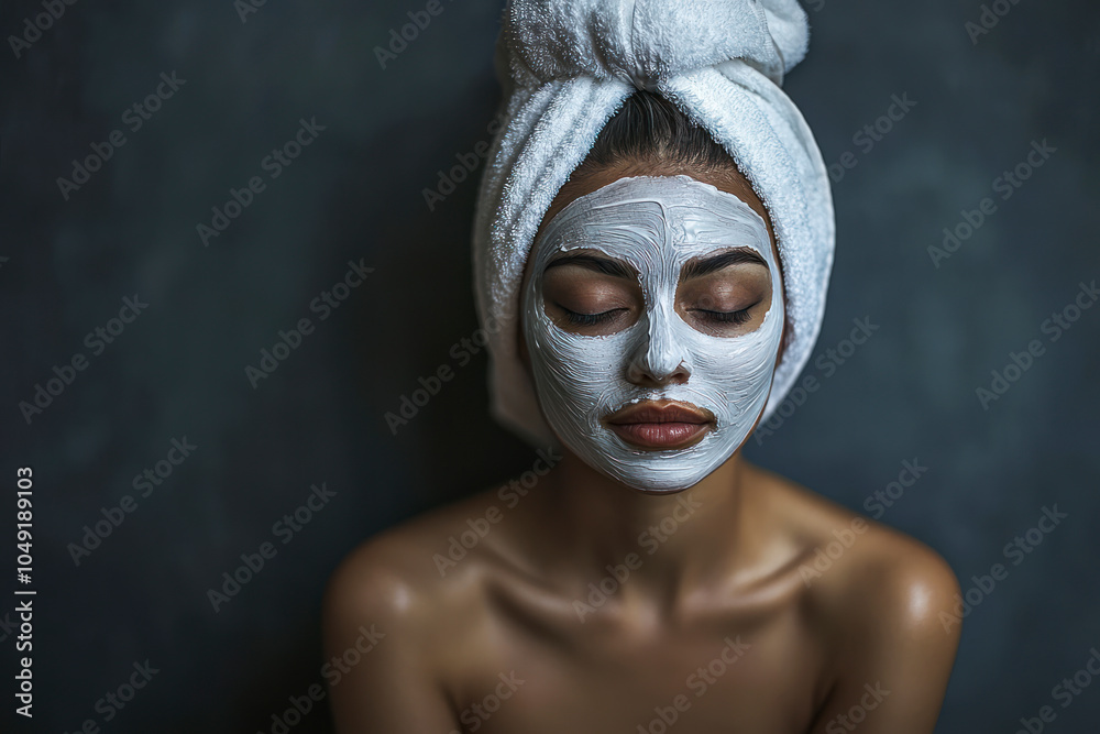 Young woman in a towel on her head and spa mask on her face. Young woman in a towel on her head and spa mask on her face.