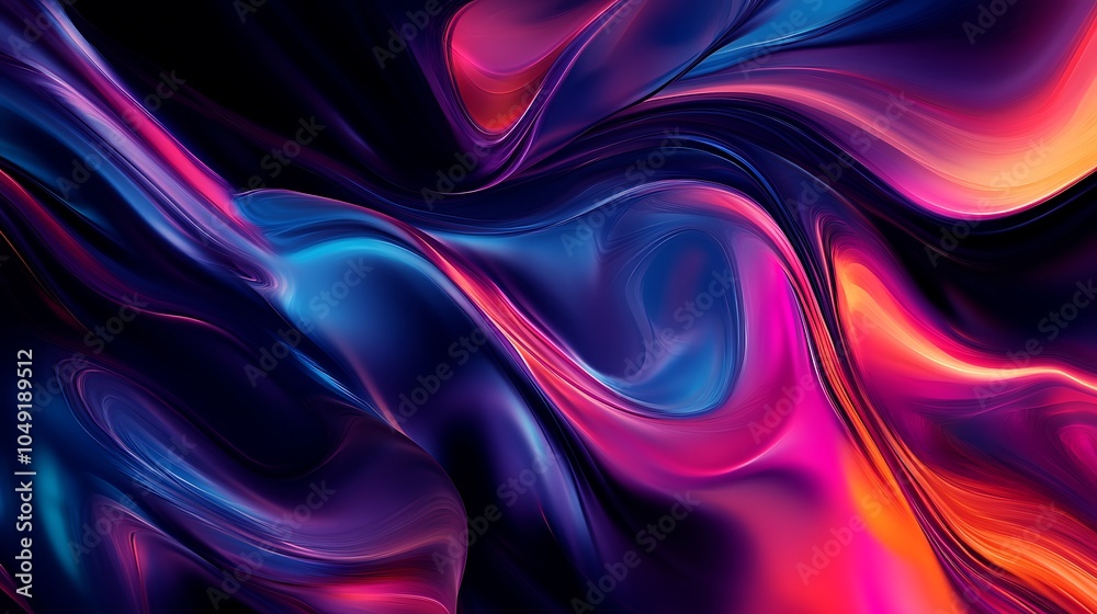 Abstract digital art with vibrant blue, pink and red swirling shapes against a dark background. Abstract digital art with vibrant blue, pink and red swirling shapes against a dark background.