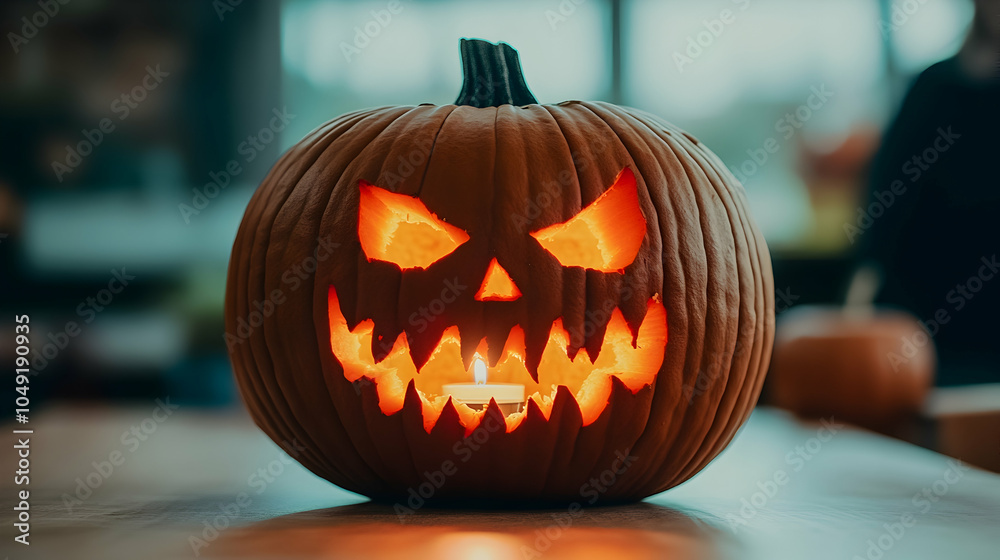 A carved pumpkin with a lit candle inside, creating a spooky and festive Halloween display. A carved pumpkin with a lit candle inside, creating a spooky and festive Halloween display.