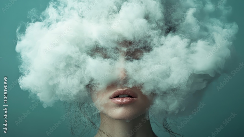The enigmatic face of a woman disappears behind dense, swirling white smoke, creating a mysterious and ethereal atmosphere, leaving only her lips visible. The enigmatic face of a woman disappears behind dense, swirling white smoke, creating a mysterious and ethereal atmosphere, leaving only her lips visible.