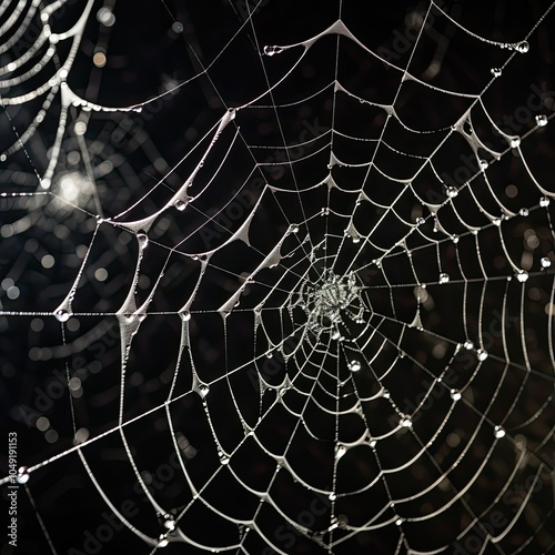 Silver spider web with dew drops, darc background, close up photo