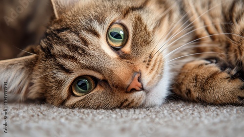 A close-up image of a tabby cat with green eyes lying on carpet, showcasing its curious and calm nature, creating a cozy and heartwarming atmosphere. photo