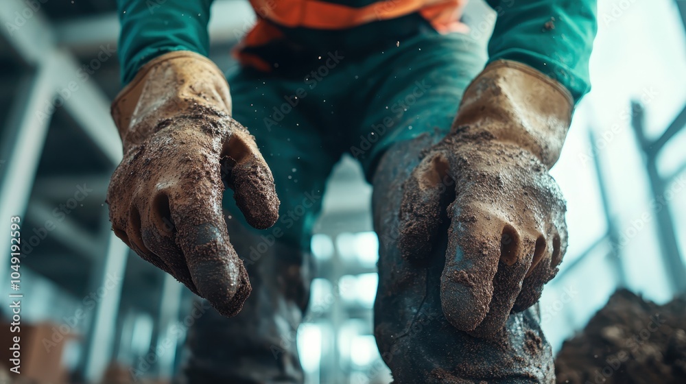 custom made wallpaper toronto digitalThe image captures mud-covered gloved hands of a worker on a construction site, representing hard work, labor, and dedication in building and construction.