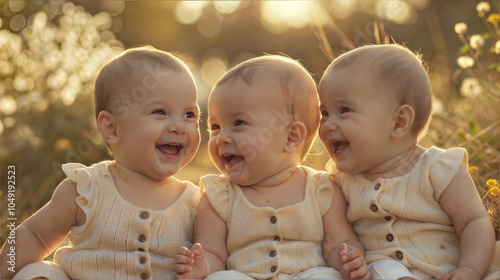 Adorable triplet babies laughing together in golden sunlit meadow