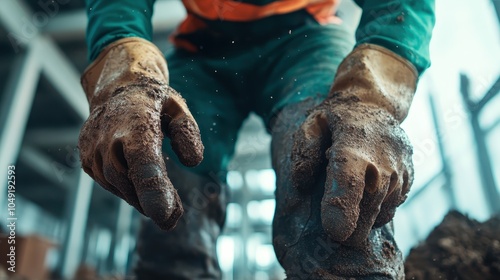 Wallpaper Mural The image captures mud-covered gloved hands of a worker on a construction site, representing hard work, labor, and dedication in building and construction. Torontodigital.ca