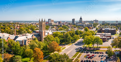 Aerial panorama of Topeka, Kansas along the 10th Avenue. Topeka is the capital city of the U.S. state of Kansas and the county seat of Shawnee County photo