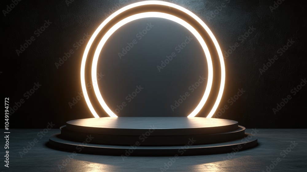 Circular Neon Light Illuminating a Three-Tiered Platform Circular Neon Light Illuminating a Three-Tiered Platform