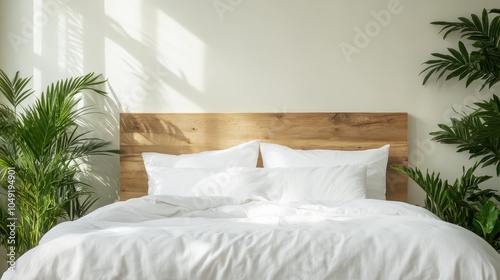 A minimalist bedroom features a wooden headboard surrounded by lush green plants, creating a serene and modern atmosphere ideal for restful sleep and rejuvenation.