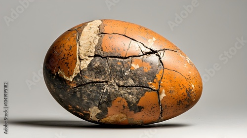 Closeup of a fossilized bird egg with intricate cracks and fractures visible on the surface an ancient archaeological discovery that provides insight into prehistoric life and the natural world photo