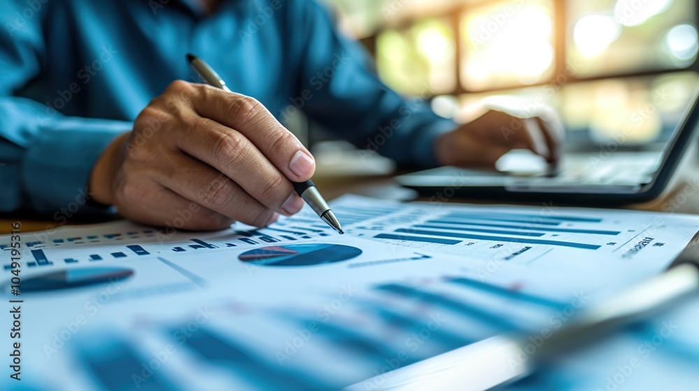 A businessman using a calculator to calculate numbers on a company's financial documents. Financial concept. A businessman using a calculator to calculate numbers on a company's financial documents. Financial concept.