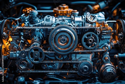 Close-up of a Complex Engine with Timing Belt and Gears